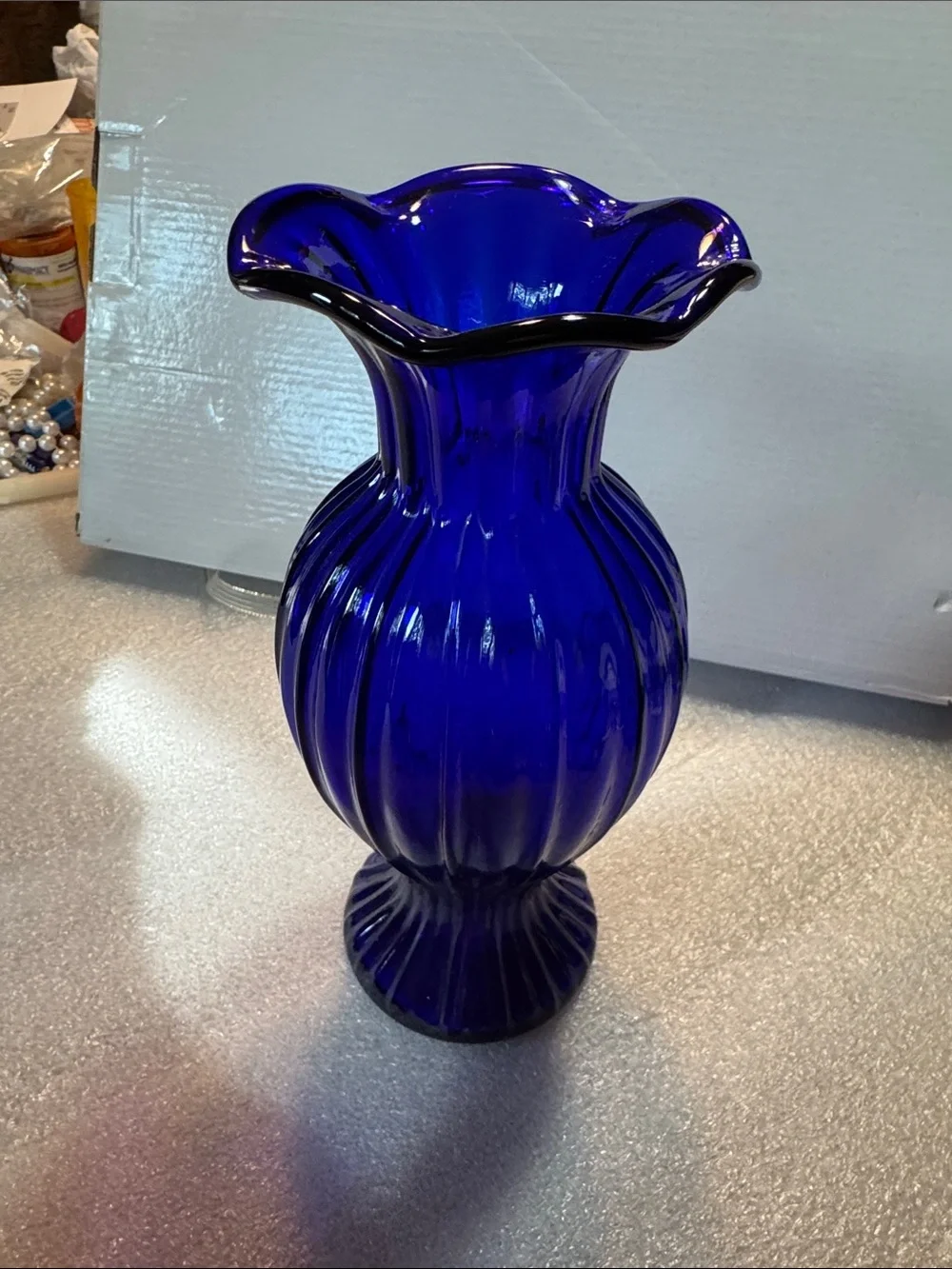 Vintage Cobalt Blue Glass Fluted Vase - Home Accents EUC